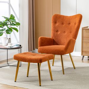 Merax Relaxsessel Fernsehensessel Loungesessel Sessel-Hocker-Set, Ohrensessel Sessel mit Hocker aus Samtbezug und Metallbeine, Orange