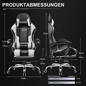 GTPLAYER Herní židle s podnožkou a masážním bederním polštářem Kancelářská židle pro hráče Ergonomická herní židle s připojitelnými područkami Nosnost až 150 kg BÍLÁ