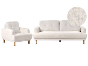 BELIANI 4-Sitzer Sofa Set Weiß Bouclé mit Sessel Hohen Holzbeinen Armlehnen Knopfheftung Skandinavisch Retro Modern Wohnzimmer Ausstattung