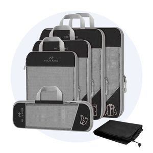 Hilvard Packwürfel Set, 6-teilig, Gepäck-Organizer, Reisewürfel, Kompressionswürfel, Packtaschen set für Rucksack & Koffer, Schwarz