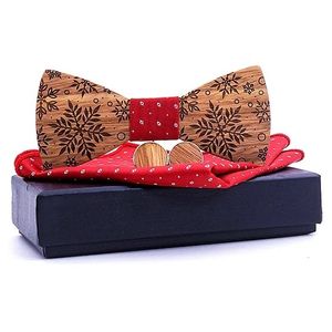 Dřevěný motýlek s kapesníkem a manžetovými knoflíčky-Hnědá/Červená KP30455