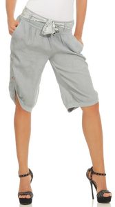 281 Bermuda Shorts Damen Capri 100% Leinen lockere kurze Hose Freizeithose Shorts mit Gürtel und Knöpfen  Grau XL