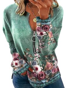 Damen Geblümte Sweatsshirts Mit Reißverschluss Klein V-Ausschnitt Bluse Langarmshirt Lässige Pullover,Farbe:Grün,Größe:Xxl