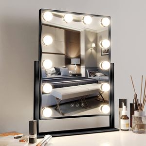 kozmetické zrkadlo 35,5 x 47 cm Kozmetické zrkadlo s 12 LED osvetlením Hollywoodske zrkadlo Stojace zrkadlo na toaletný stolík do kúpeľne, otočné o 360°, dotykové ovládanie, čierne