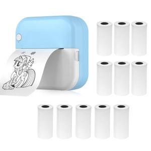 Mini-Drucker, Thermodrucker, Bluetooth Fotodrucker fuer Smartphone mit 11 Papierrollen 57 mm, kompatibel mit iOS Android,Blau
