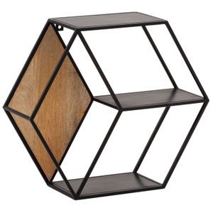 Manahee Design | Półka ścienna 60x52x20 cm mango lite drewno / metal wisząca półka industrialna, designerska pływająca półka sześciokątna, dekoracyjna półka wisząca w kształcie plastra miodu, półka ścienna z 3 półkami Manahee Design | Półka ścienna 60x52x20 cm mango lite drewno / metal wisząca półka industrialna, designerska pływająca półka sześciokątna, dekoracyjna półka wisząca w kształcie plastra miodu, półka ścienna z 3 półkami