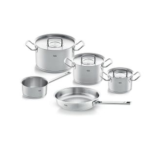 Fissler Original-Profi Collection / Edelstahl-Kochtopfset, 5-teilig, Topf mit Metall-Deckel (3 Kochtöpfe,1 Pfanne-unbeschichtet, 1 Stielkasserolle-deckellos) - Induktion, 084-378-05-000/0, Silber, 8-Pieces