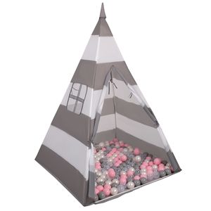 Selonis tipi spielzelt mit 100 bälle 6 cm zelt für kinder, grau-weißstreifen:perle/grau/transprent/puderrosa