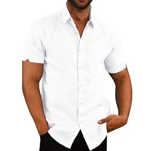 Herren Kurzarm Hemden Baumwolle Leinen Lose Shirt Tunika Bluse mit Tasche Freizeithemden Weiß,Größe XL