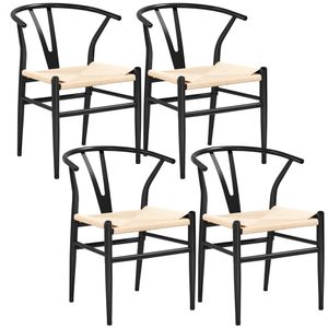 Yaheetech 4er Set Esszimmerstühle, Küchenstuhl Wohnzimmerstuhl Sessel mit Rückenlehne, Querlenkerstuhl atmungsaktiv, Sitzfläche aus Rattan für Küche und Esszimmer Schwarz