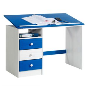 Kinderschreibtisch KEVIN aus Kiefer in weiß/blau, schöner Schülerschreibtisch mit Neigungsverstellung, praktischer Schreibtisch mit 3 Schubladen und Ablagefach