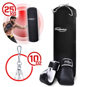 Physionics® Boxsack Set  - mit Boxhandschuhen, Gefüllt, 25 kg, Vierpunkt-Stahlkette - Punchingsäcke für Erwachsene, Sandsack hängend
