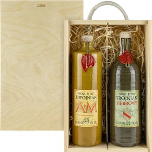 Set mit 2 Jaros Mets (Honigwein  AM Dwójniak-Halber  /Herbowy Trójniak-Einhalber) Geschenkset in einer leichten Holzbox | 1500ml | 13-16% Alkohol Metwein | Polnische Produktion