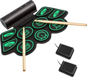 Schlagzeug Elektronisch mit 9 Pads, Aufrollbar E-Drum Set mit 2 Stereolautsprechern & 4 Demos & 9 Begleitmusik, Elektronisches Schlagzeug Set für Anfänger