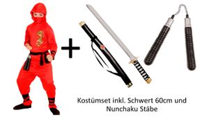Kostüm Red Dragon Ninja  - Ninja Verkleidung Set - roter Samurai Kämpfer inkl. Schwert und Stäbe S - 128 cm