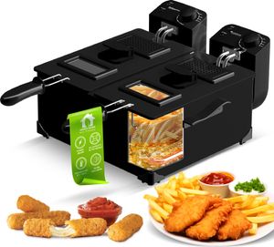 TurboTronic Doppel-Fritteuse 3600W | 2x3L Edelstahl-Kaltzonen-Friteuse mit spülenmaschinefesten Teilen, Sichtfenster und präzise 0–190°C Temperaturregelung, Fritöse schwarz
