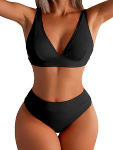 Damen High Waist Bikini Sets Zweiteiliger V-Ausschnitt Badeanzug Breite Träger Bademode Schwarz,Größe:XL