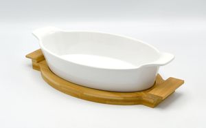 FLORINA Auflaufform Backform Lasagneform Keramik oval 28,5cm mit Bambusuntersetzer PM311