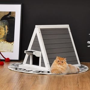 GOPLUS Katzenhaus mit Tür, Katzenhöhle aus Tannenholz, Multifunktionale Haustierhütte für Katzen & Hunde & Hasen & Hühner, für Drinnen & Draußen