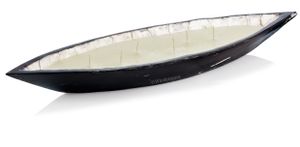 Teakschale Boot in Schwarz gekalcht mit Perlmutt Inneneinsatz 70 cm Durchmesser gefüllt mit Kerzenwachs zur Mehrdocht Kerze