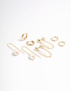 Gold Plated Freshwater Pearl Threader Huggie Earrings 4-Pack