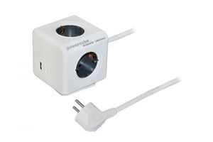 allocacoc PowerCube DuoUSB Extended Grau EU, 4 fach Steckdosenverteiler mit 2,1 A USB Ladestrom, Weiß Grau