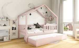 DOMI BIS2 Hausbett Kinderbett Holzbett 100x200 Rosa, Schubkasten mit Schlaffunktion, 2 Lattenroste, Rausfallschutz