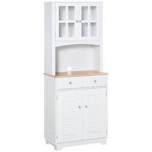 Kuchyňská skříňka HOMCOM, vysoká skříňka s prosklenými dvířky, 2 zásuvky, kuchyňský bufet s otevřenými přihrádkami a nastavitelnou policí, jídelní skříňka do kuchyně, dřevo, bílá+přírodní, 68 x 39,5 x 170 cm