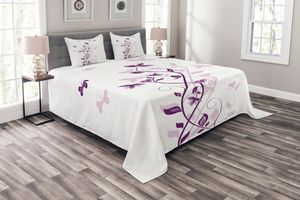 ABAKUHAUS Lila Tagesdecke Set, Violet-Blüten, Set mit Kissenbezügen Waschbar, für Einselbetten 220 x 220 cm, Weiß Lila