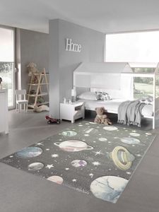 Kinderteppich Weltraum Lernteppich mit Sternen und Planeten in pastell grau Größe - 160x230 cm