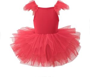 Mädchen Ballettanzug mit Tütü-Rock - Baumwolltrikot Ärmellos Ballettkleid Tanz-Body für Kinder, Rot, S