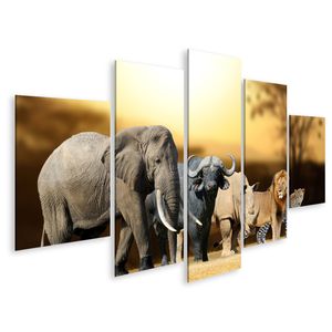 Bild auf Leinwand Big Five Game Afrika Löwe Elefant Leopard Büffel Nashorn Wandbild Leinwandbild Wand Bilder Poster 170x80cm 5-teilig