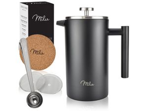 French Press Milu | Kávovar z nerezové oceli s dvojitou izolací stěn, vč. tácku, lžíce, náhradního filtru (černá, 600 ml, na 3 šálky)