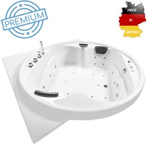 Basera PREMIUM Indoor Podest-Whirlpool Badewanne XXL Gomera mit Ecke 186 x 186 cm, 28 Massagedüsen, Heizung, Ozongenerator, Bodenansaugung, Wasserfall, LED-Ambiente, Touchpanel, Bluetooth, Radio