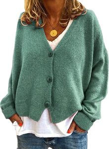 ASKSA Damen Strickpulli Lose Lässige Strickjacken V-Ausschnitt Einfarbig Knopf Strickjacke Pullover, Grün, XL ASKSA Damen Strickpulli Lose Lässige Strickjacken V-Ausschnitt Einfarbig Knopf Strickjacke Pullover, Grün, XL