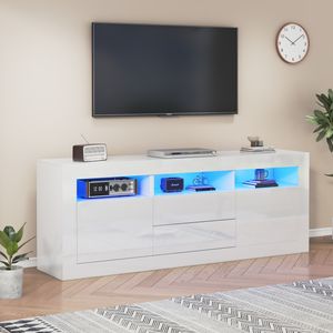 Merax TV-Schrank mit Hochglanzfronten und LED-Beleuchtung, TV-Lowboard mit 3 offenen Fächern und 2 Schubladen, Smart App Steuerung, 160cm Breit, Weiß