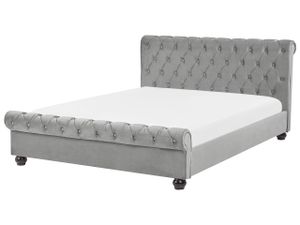 Wasserbett Hellgrau Samtstoff mit Matratze 140 x 200 cm Heizung Hohes Kopfteil Chesterfield Style Knopfheftung Versteppt Holzbeine Schlafzimmer
