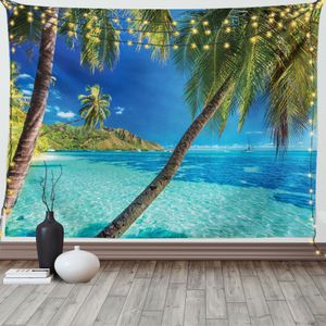 ABAKUHAUS Tropisch Wandteppich, Palmen Meer Strand, Wohnzimmer Schlafzimmer Heim Seidiges Satin Wandteppich, 200 x 150 cm, Türkis Blau