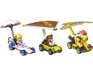 Hot Wheels - Mario Kart - Mini Fahrzeuge mit Figuren, 3er Pack (Tanooki Mario, Bowser, Princess Peach)