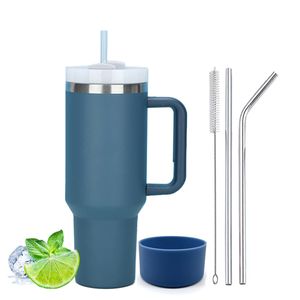 1200 ml Doppelwandiger Edelstahl Vakuum Isolierbecher mit Griff Becher 40 oz Thermobecher mit Strohhalm aus und Silikonabdeckung, blau, 5, 1200ml