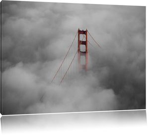 Golden Gate Bridge über den Wolken B&W Detail, Format: 100x70 auf Leinwand, XXL riesige Bilder fertig gerahmt mit Keilrahmen, Kunstdruck auf Wandbild mit Rahmen, er als Gemälde oder Ölbild, kein Poster oder Plakat