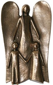 Schutzengel mit zwei Kindern Bronzefigur 14 cm