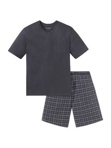 SCHIESSER Herren Schlafanzug Set - 2-tlg., Shorty, kurz, V-Ausschnitt, uni/Karo Grau XL