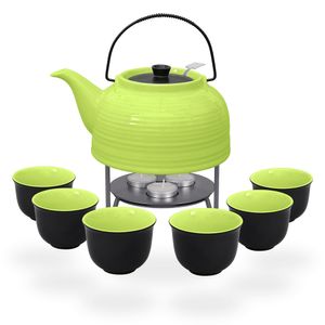 Nelly Teeset / Teeservice / Teekanne Keramik 1,5l mit Sieb, Stövchen und 6 Teetassen 120ml, grün/schwarz