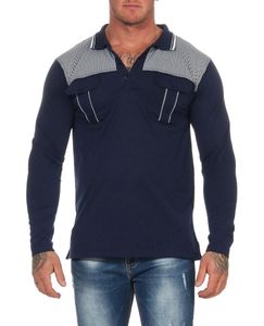 Herren Polo Shirt Langarm Longsleeve mit Brusttaschen, Dunkelblau-Grau L