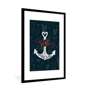Poster mit Rahmen - Kinder-Illustration mit einem Anker und dem Zitat "Love you forever". - 60x90 cm - Poster mit zchwarzem Bilderrahmen