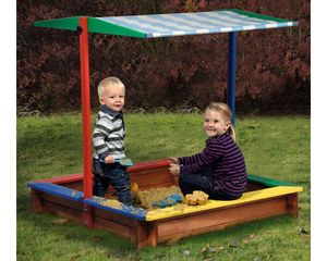 dobar Sandkasten Holz mit Dach, groß XL viereckig bunt, Sandkiste Sonnendach für Kinder Outdoor, 120 x 120 x 125 cm, FSC-Holz