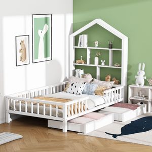 Flieks Kinderbett Massivholz Einzelbett mit Schubladen und Lattenrost Hausbett mit Bücherregal Ablage Rausfallschutz 90x200cm Weiß