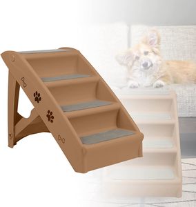 ACXIN Klappbare Treppen für Hunde aus Kunststoff Faltbare Hundetreppe mit 4 Stufen & Filz Matte rutschfeste Katzentreppe Bett Balkon Sofa (Braun)