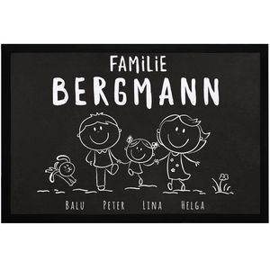 Fußmatte Familie personalisiert mit Namen 1, 2, 3 & mehr Kinder Hund Katze Strichmännchen SpecialMe® weiß 60x40cm